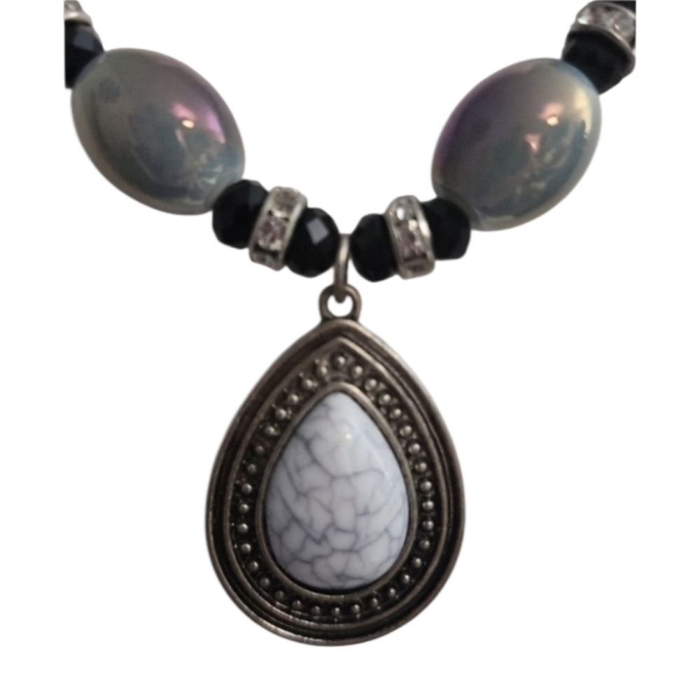 Iridescent Beaded Necklace Teardrop Pendant